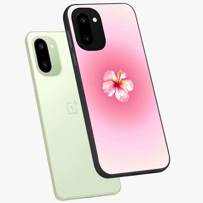 Soft Petal Serenity Glass Case for 1+15R angled mockup showcasing glossy finish and calming bloom detailing