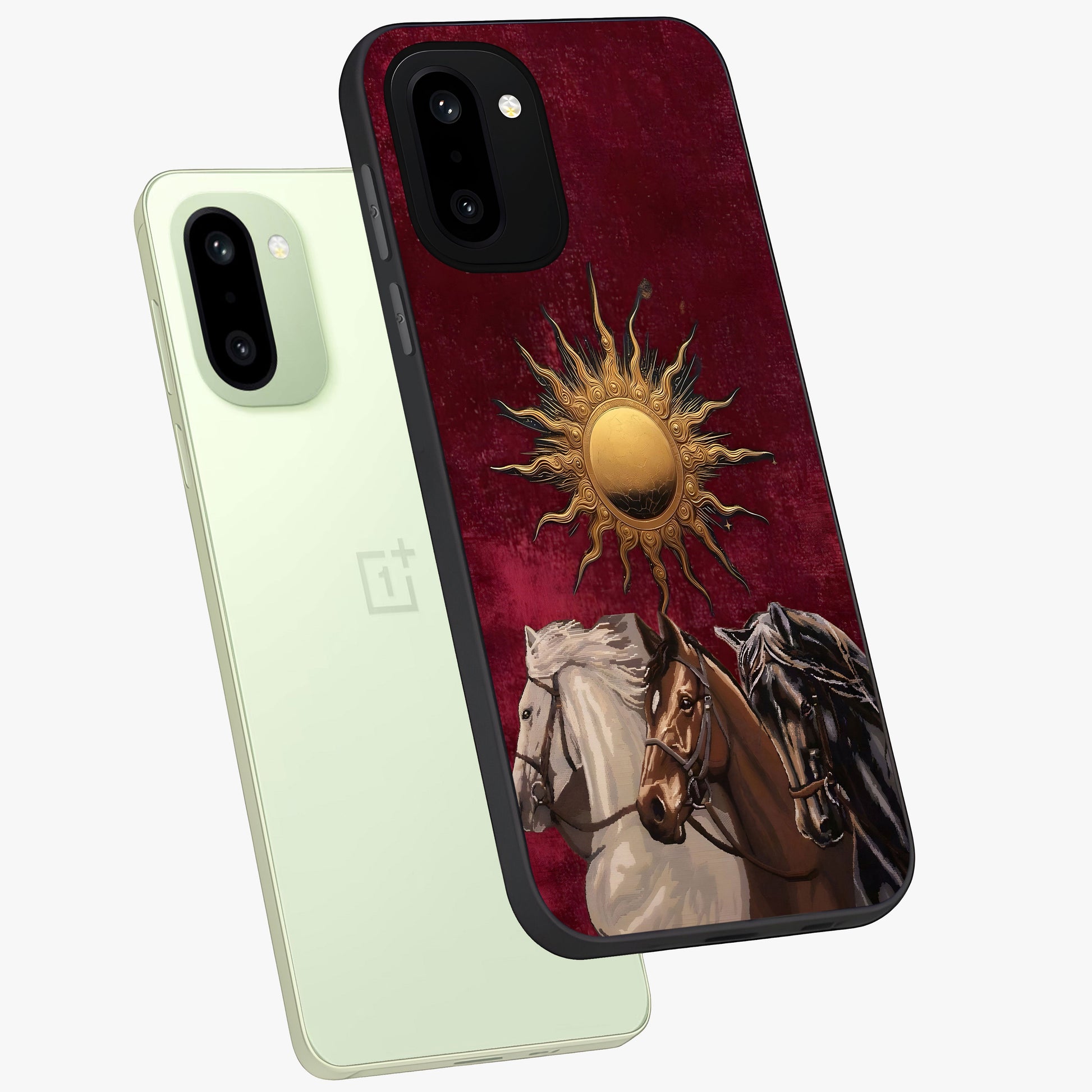 Solar Riders Glass Case for 1+15R angled mockup showcasing glossy finish and vibrant sunset gradients