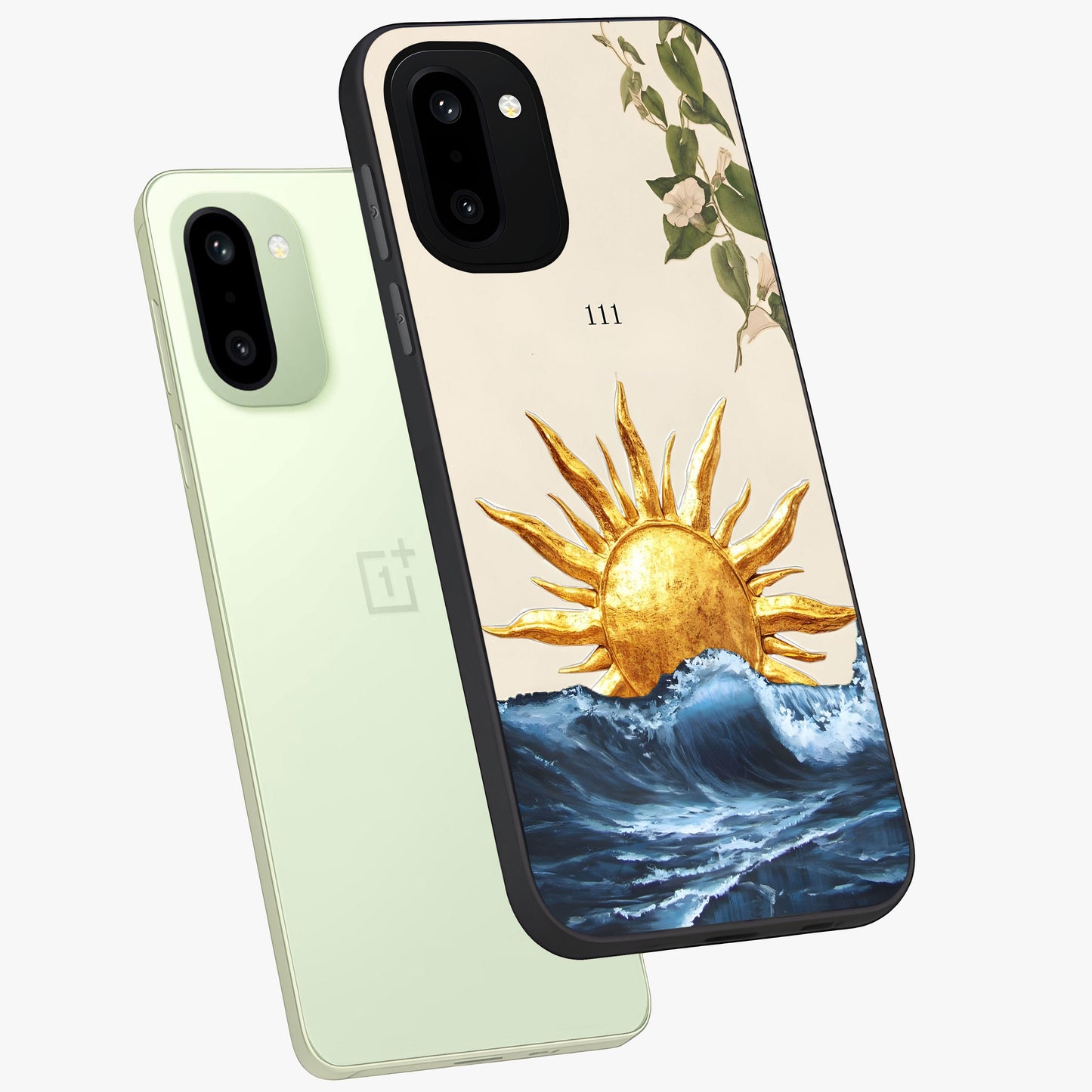 Solar Wave Bloom Glass Case for 1+15R angled mockup showcasing glossy finish and warm luminous tones
