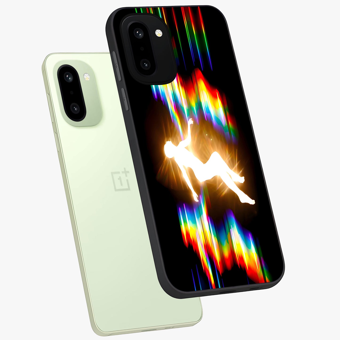 Soul in Spectrum Glass Case for 1+15R angled mockup showcasing glossy finish and vibrant gradient detailing