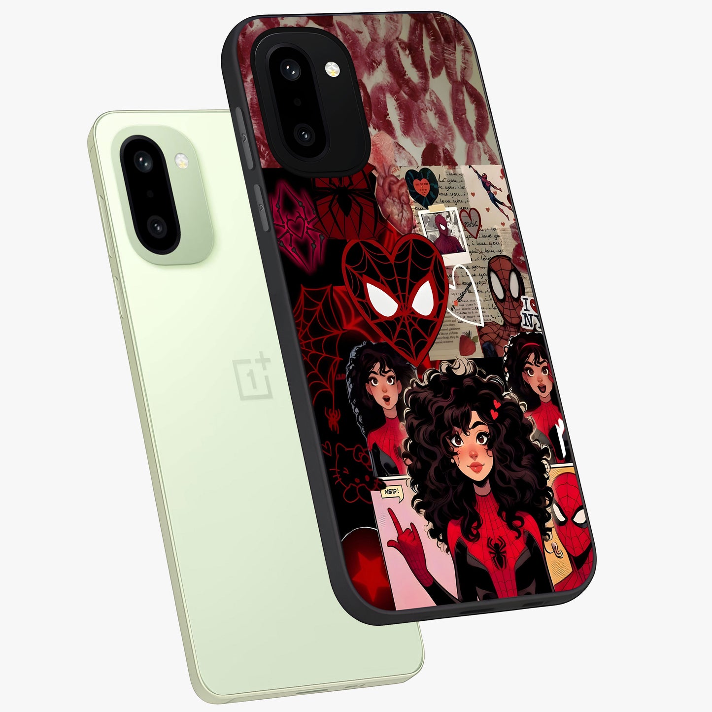 Spider Love Story Glass Case for 1+15R angled mockup showcasing glossy finish and vibrant comic style detailing