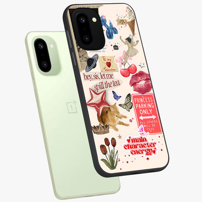 Spill the Tea Retro Collage Glass Case for 1+15R angled mockup showcasing glossy finish and bold retro detailing