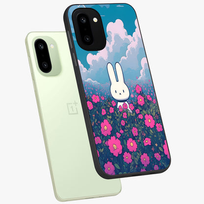 Springtime Blossom Bunny Glass Case for 1+15R angled mockup showcasing glossy finish and soft pastel tones