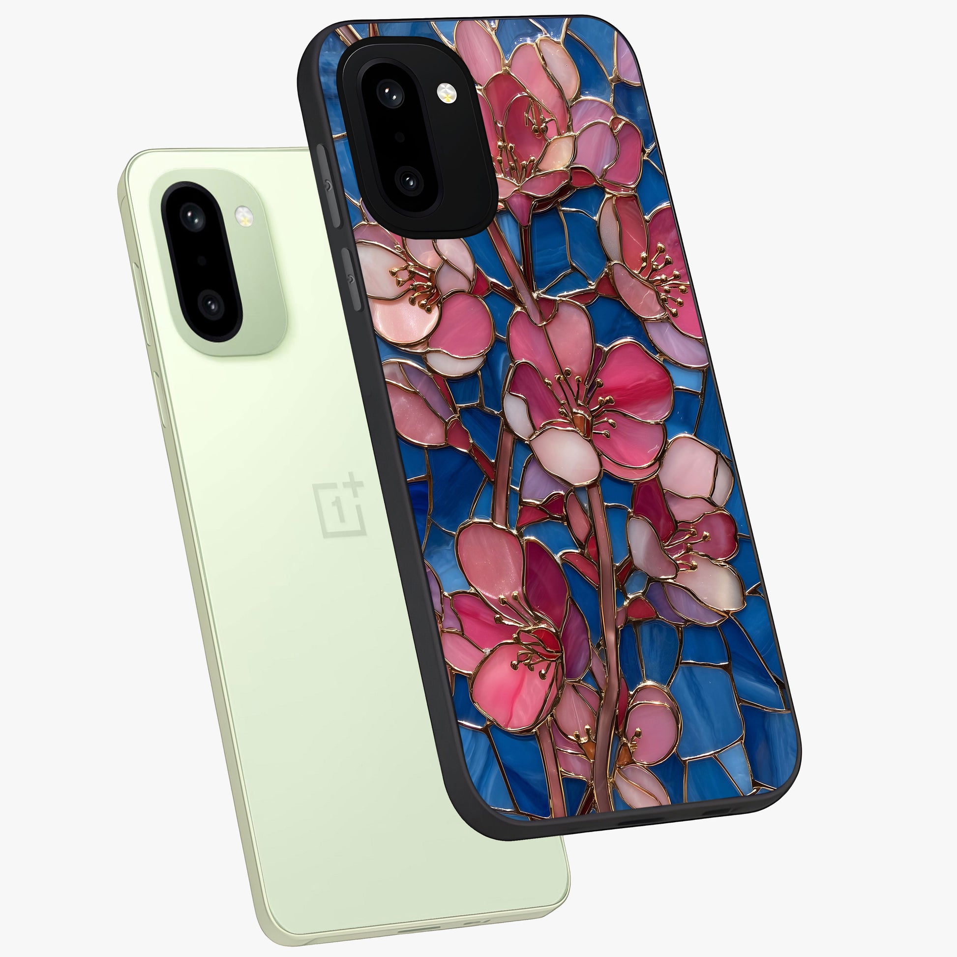 Stained Bloom Grace Glass Case for 1+15R angled mockup showcasing glossy finish and vibrant mosaic tones