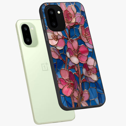 Stained Bloom Grace Glass Case for 1+15R angled mockup showcasing glossy finish and vibrant mosaic tones