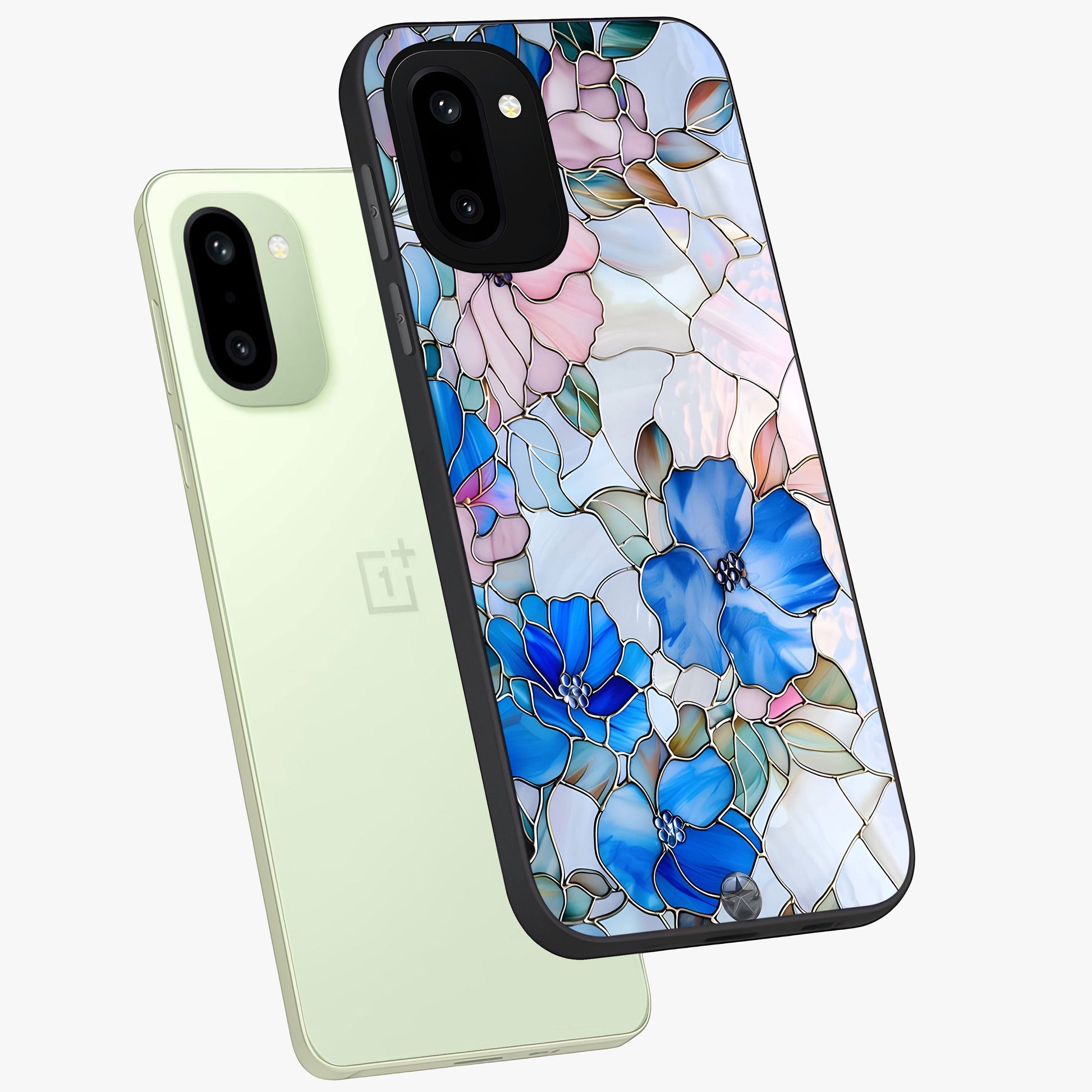 Stained Blue Floral Glass Case for 1+15R angled mockup showcasing glossy glass finish and rich sapphire tones