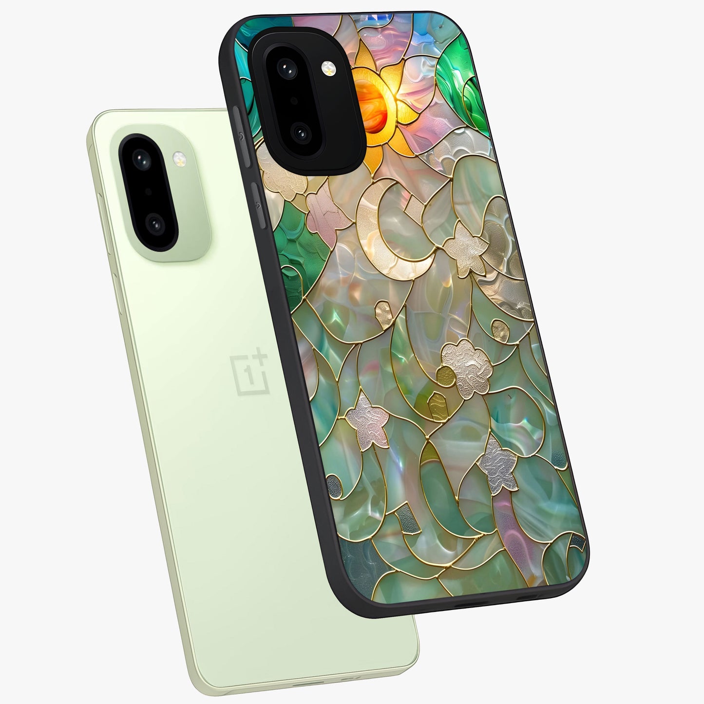 Stained Sunrise Glow Glass Case for 1+15R angled mockup showcasing glossy finish and warm golden gradients