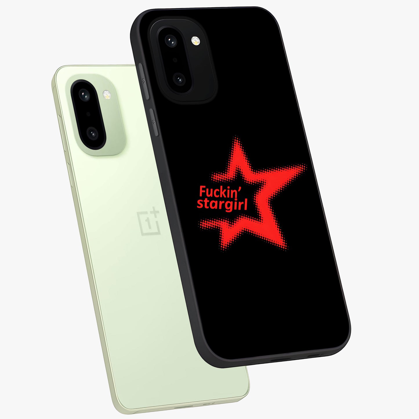Starboy and Stargirl Energy Glass Case for 1+15R angled mockup showcasing glossy finish and vibrant cosmic tones