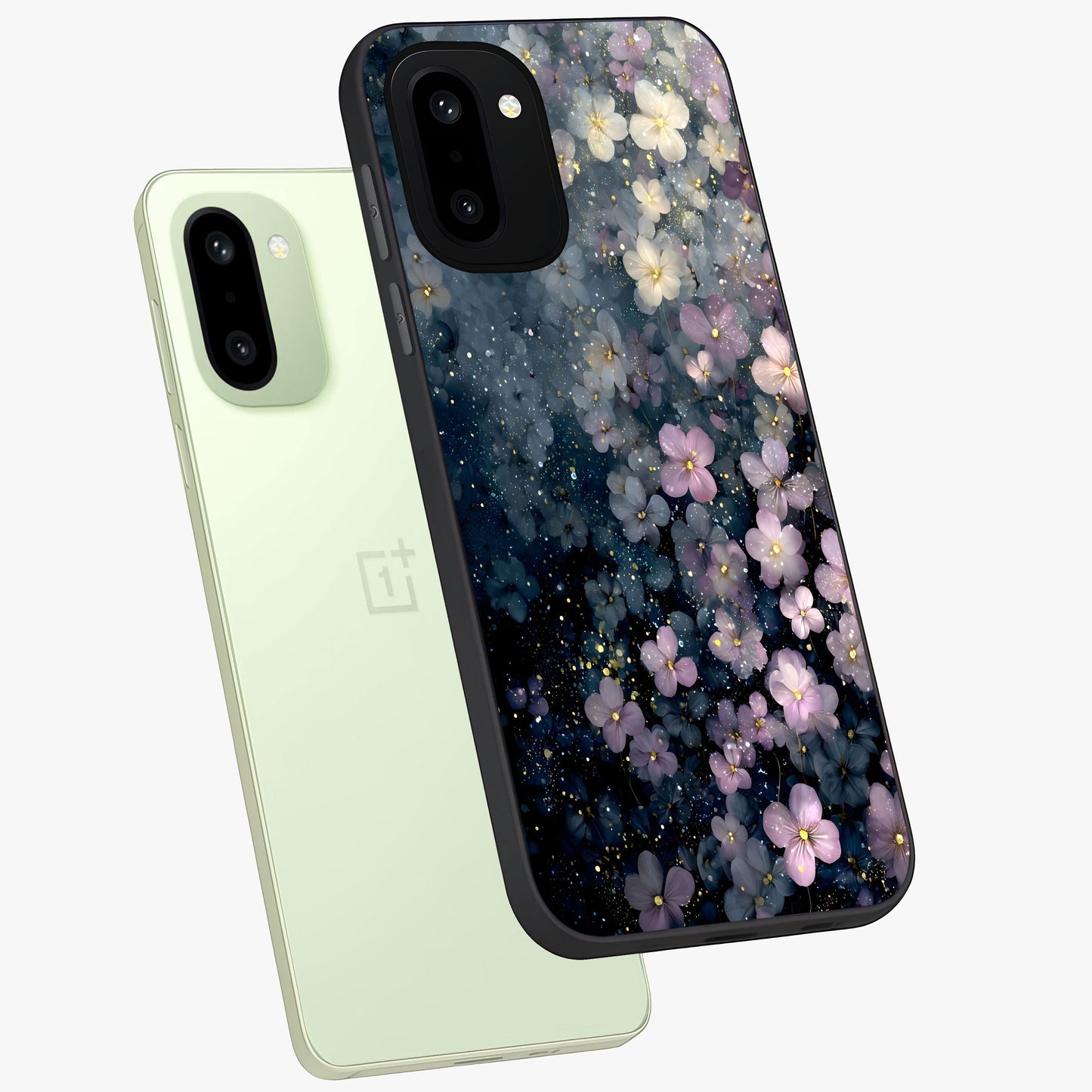 Starlit Blossom Dreams Glass Case for 1+15R angled mockup showcasing glossy finish and soft celestial detailing