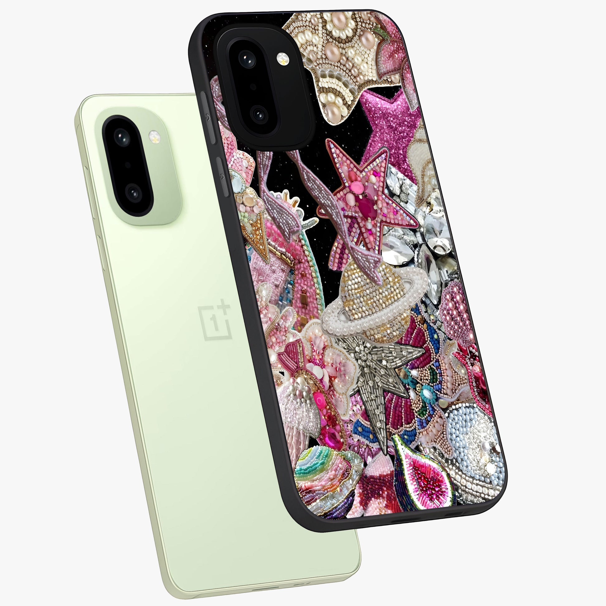 Starlit Jewel Dream Glass Case for 1+15R angled mockup showcasing glossy finish and radiant detailing