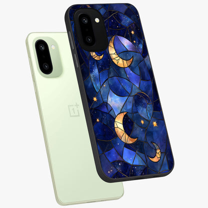 Starlit Sky Tapestry Glass Case for 1+15R angled mockup showcasing glossy finish and rich night tones
