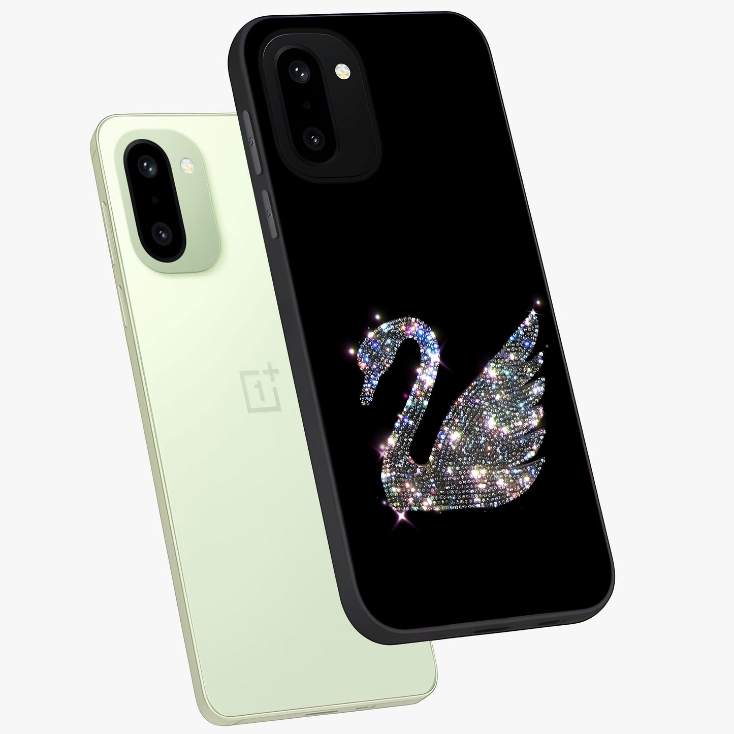 Starlit Swan Grace Glass Case for 1+15R angled mockup showcasing glossy finish and serene celestial tones