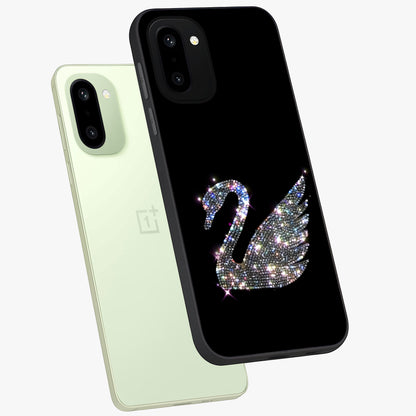Starlit Swan Grace Glass Case for 1+15R angled mockup showcasing glossy finish and serene celestial tones