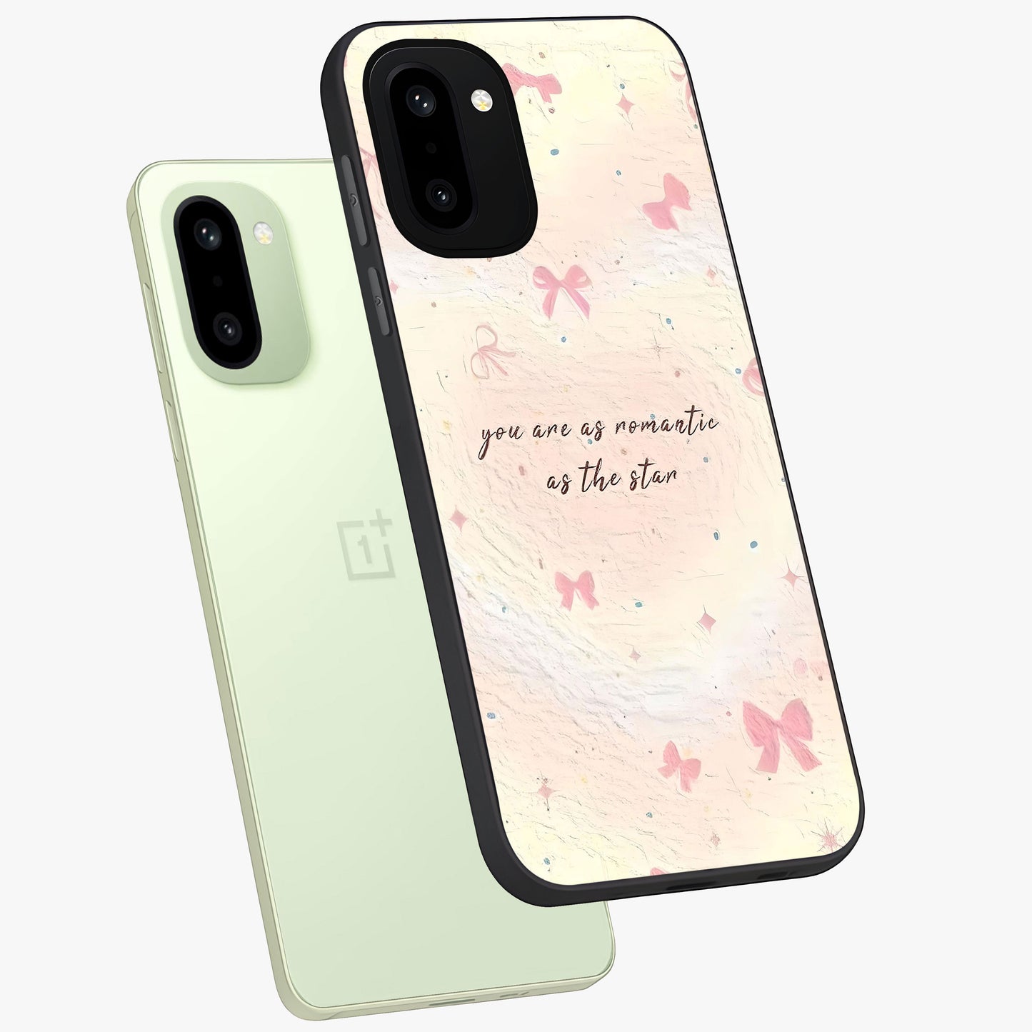 Starry Bow Romance Glass Case for 1+15R angled mockup showcasing glossy finish and soft dreamy tones