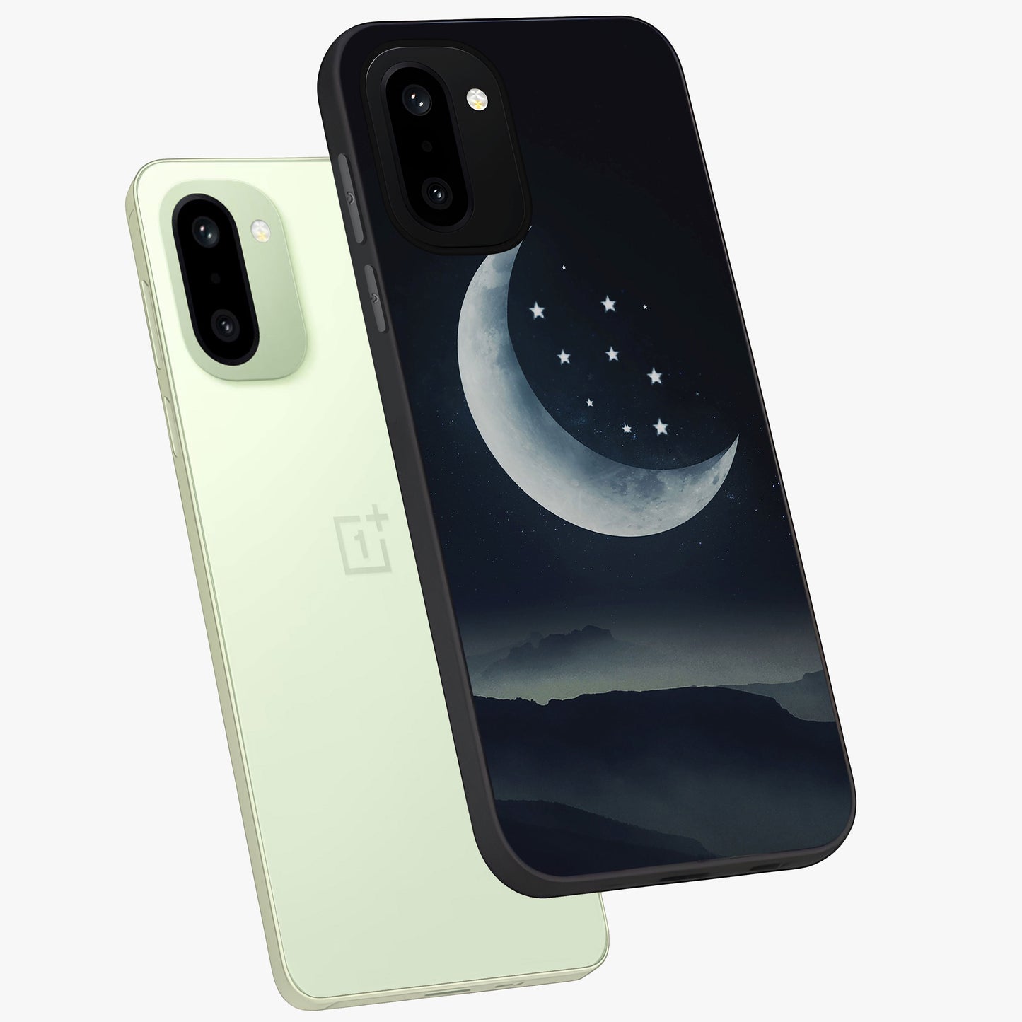 Starry Moon Pattern Glass Case for 1+15R angled mockup showcasing glossy glass finish and deep night tones