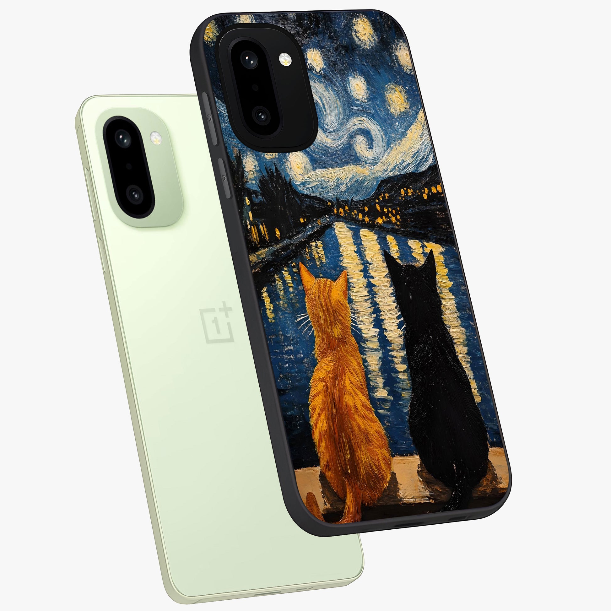 Starry River Cats Glass Case for 1+15R angled mockup showcasing glossy finish and soft cosmic detailing