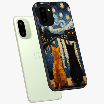 Starry River Cats Glass Case for 1+15R angled mockup showcasing glossy finish and soft cosmic detailing