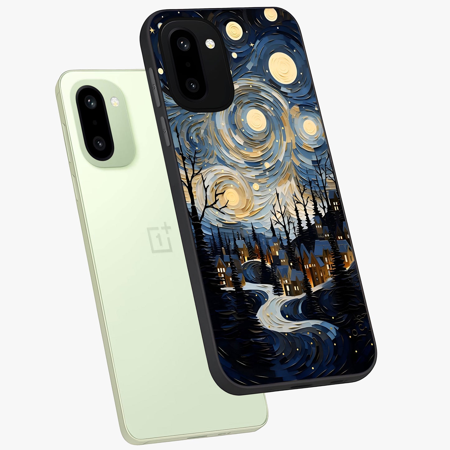 Starry Winter Town Glass Case for 1+15R angled mockup showcasing glossy finish and cool winter tones