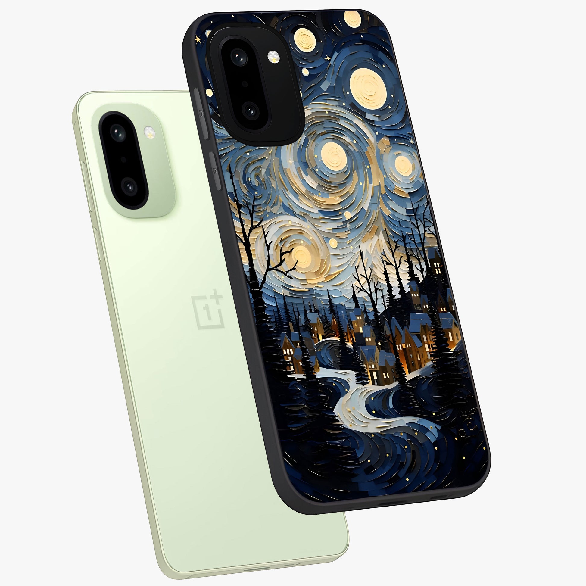 Starry Winter Town Glass Case for 1+15R angled mockup showcasing glossy finish and cool winter tones