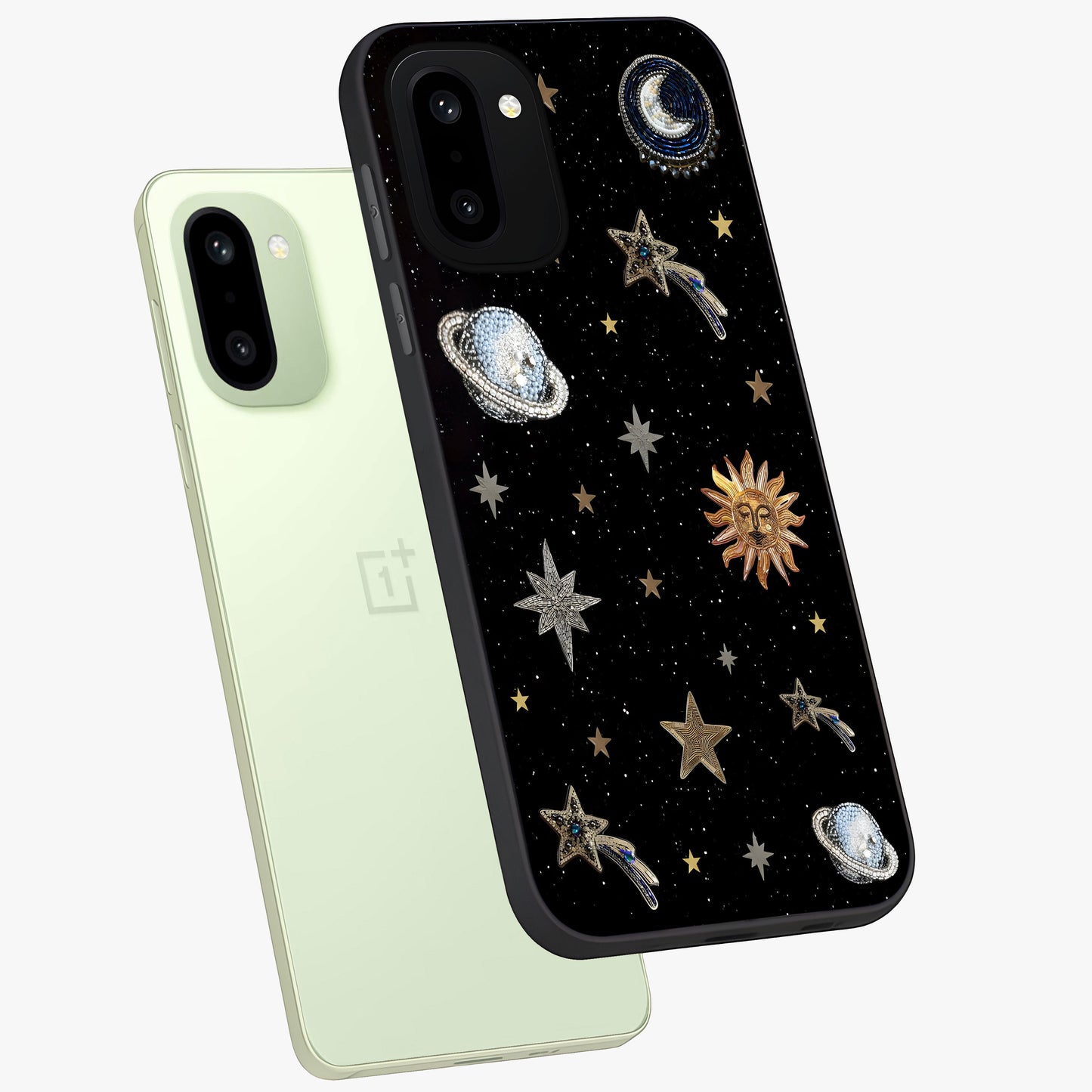Stars and Planets Brooches Glass Case for 1+15R angled mockup showcasing glossy finish and luminous space tones