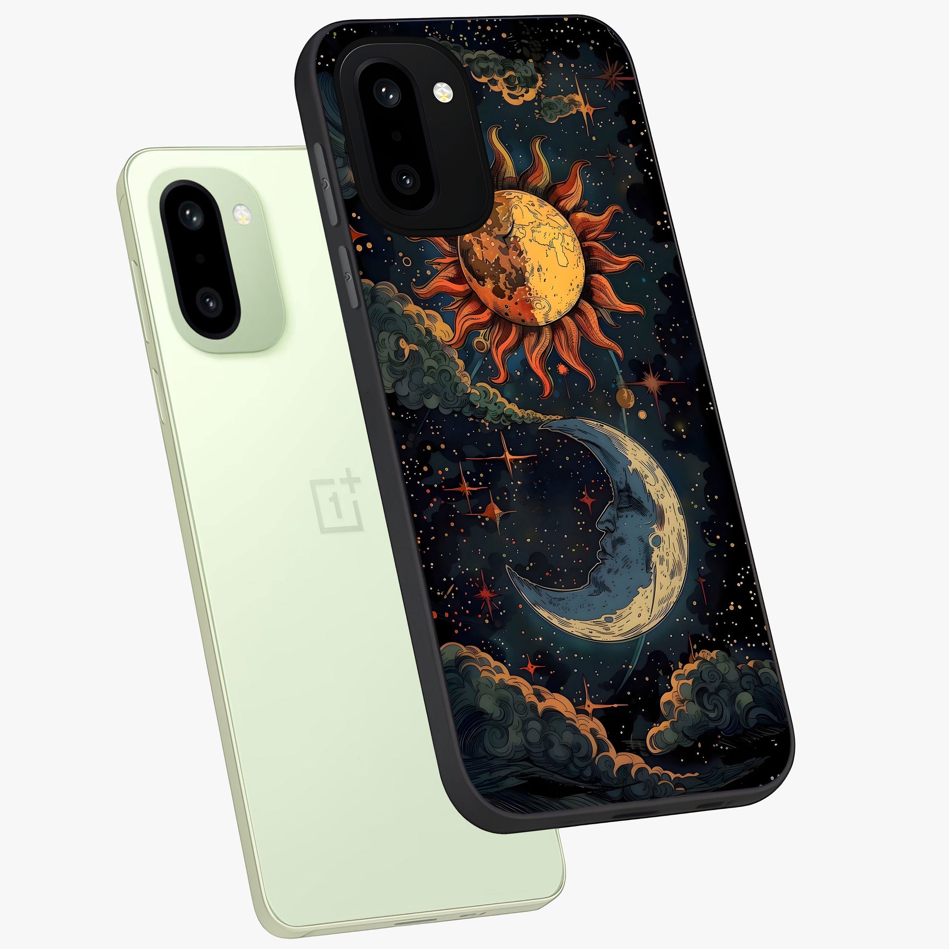 Sun and Moonflowers Glass Case for 1+15R angled mockup showcasing glossy finish and warm radiant tones