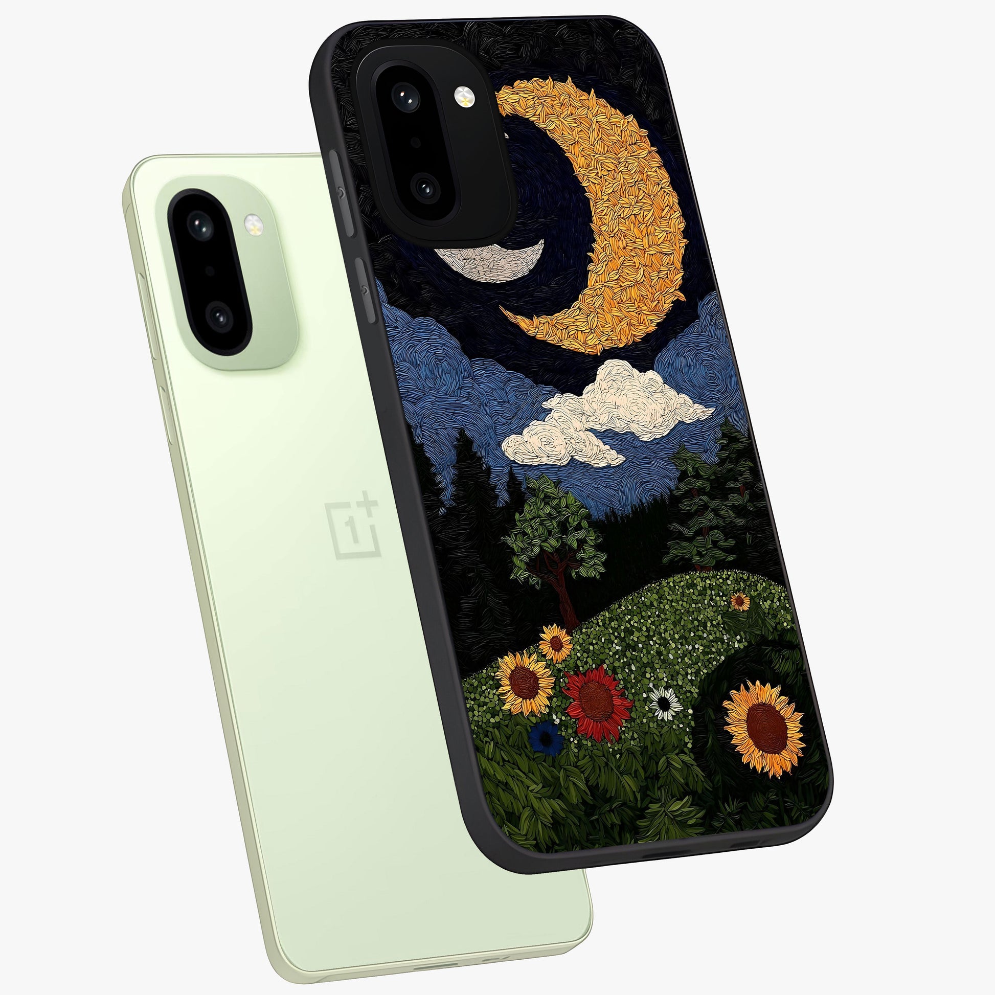 Sun and Moon Magic Design Glass Case for 1+15R angled mockup showcasing glossy finish and mystical gradient tones