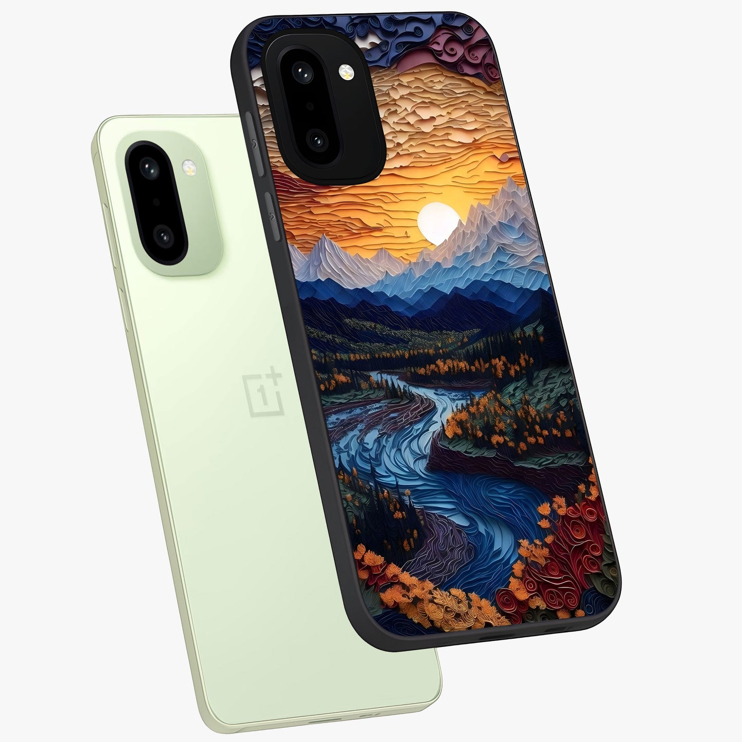 Sunrise River Dreams Glass Case for 1+15R angled mockup showcasing glossy finish and soft pastel gradients
