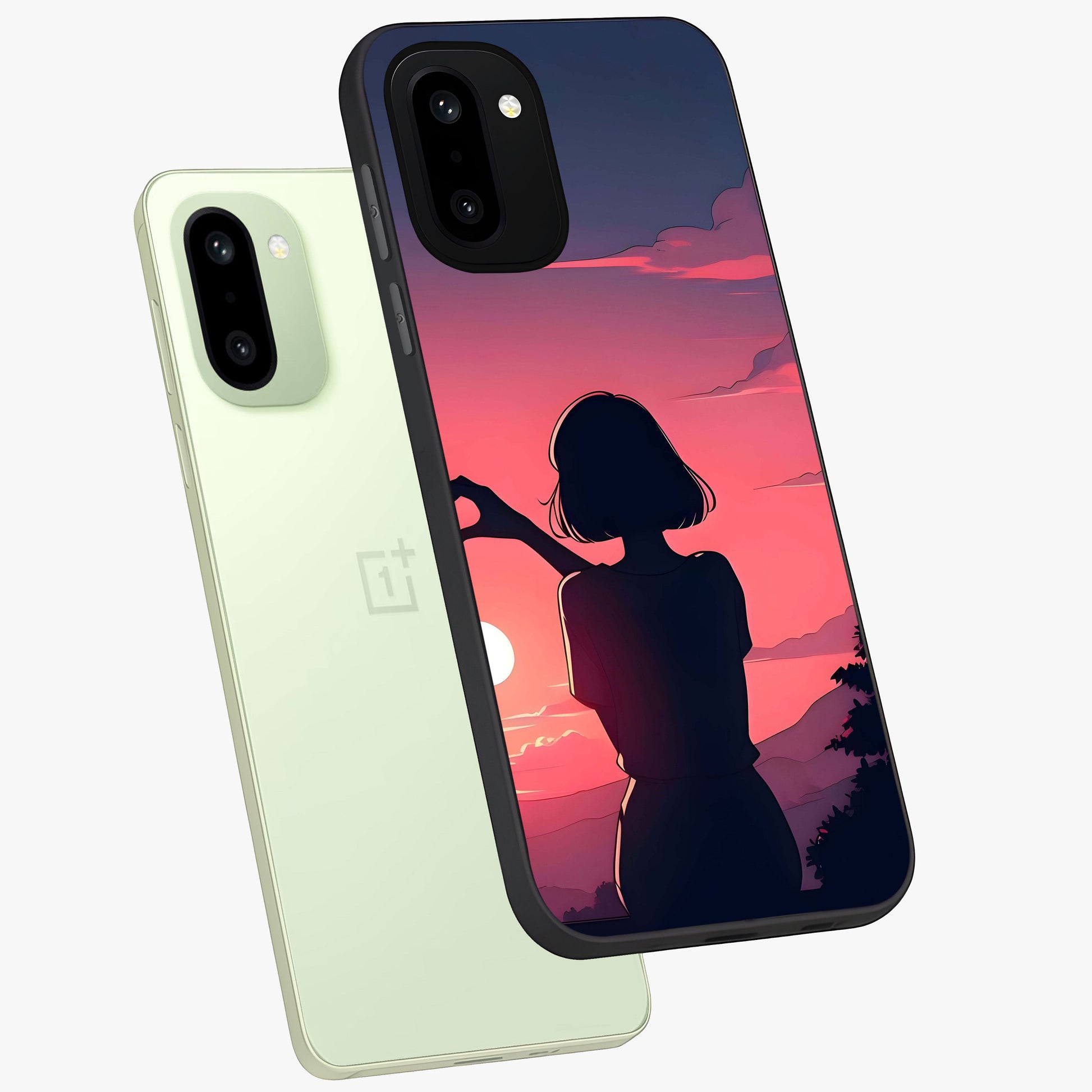 Sunset Silhouette Boy Glass Case for 1+15R angled mockup showcasing glossy finish and rich orange tones