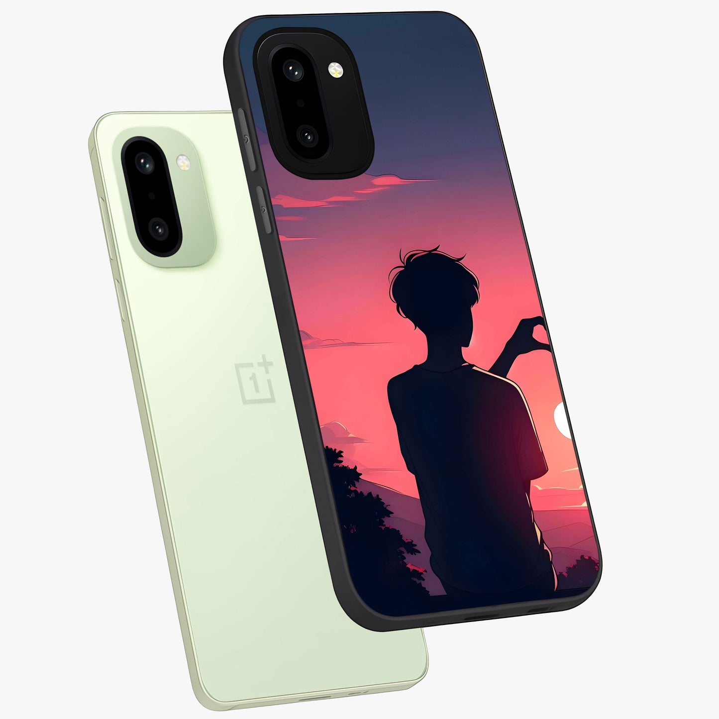 Sunset Silhouette Girl Glass Case for 1+15R angled mockup showcasing glossy finish and warm gradient tones