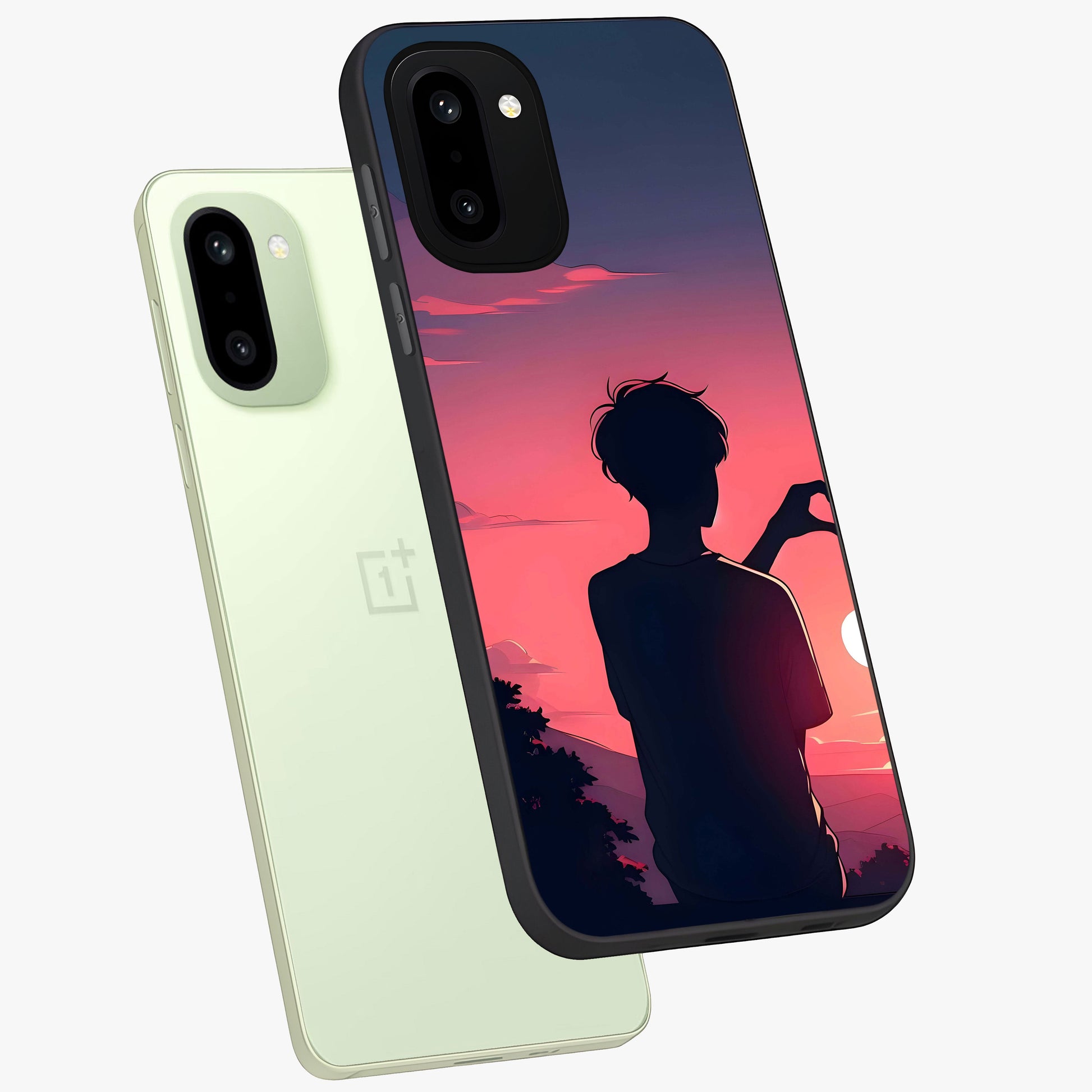 Sunset Silhouette Girl Glass Case for 1+15R angled mockup showcasing glossy finish and warm gradient tones