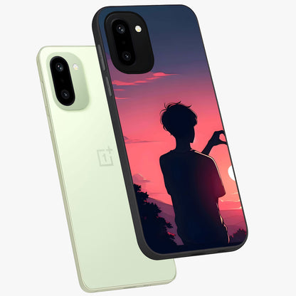 Sunset Silhouette Girl Glass Case for 1+15R angled mockup showcasing glossy finish and warm gradient tones