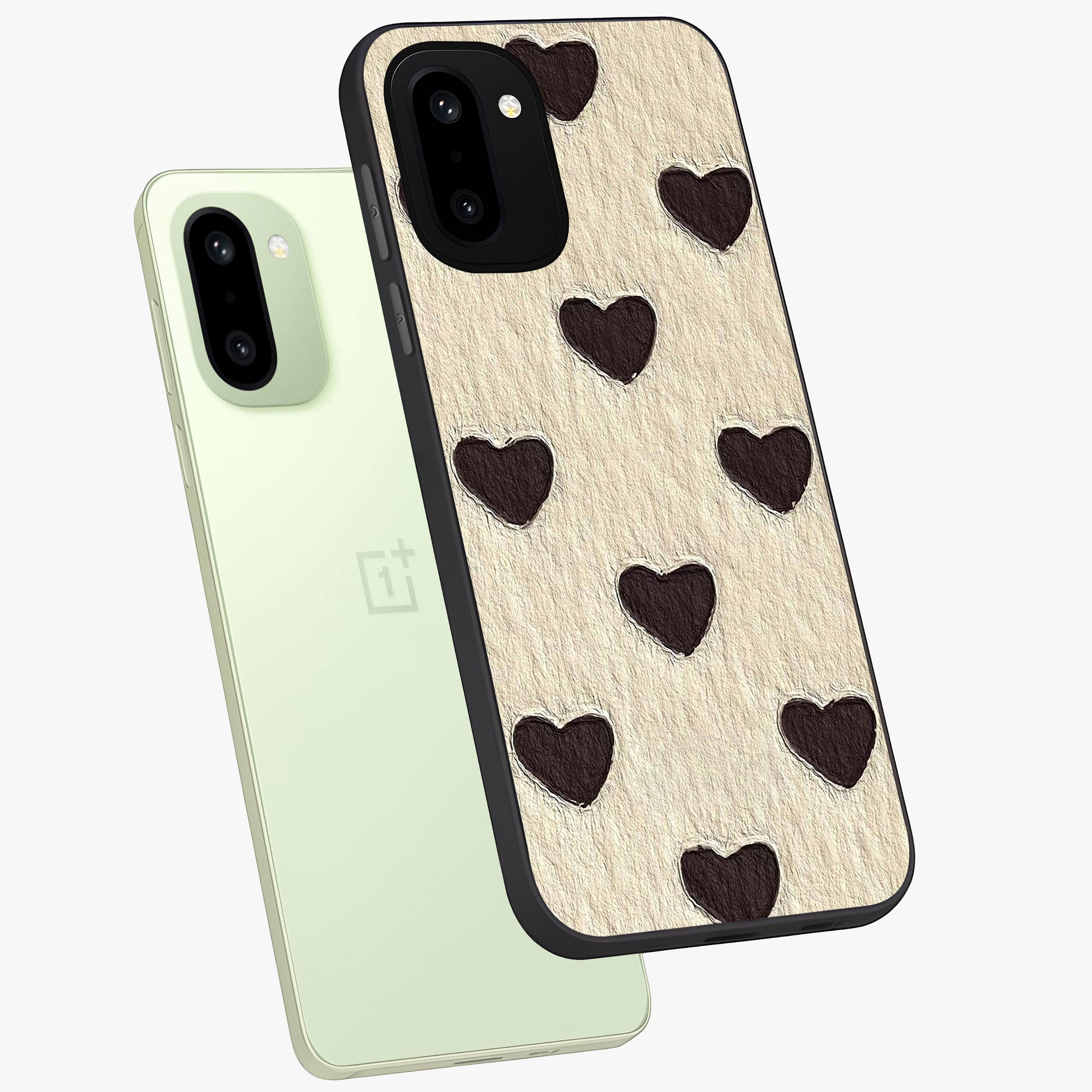 Textured Love Pattern Glass Case for 1+15R angled mockup showcasing glossy finish and subtle pattern detailing