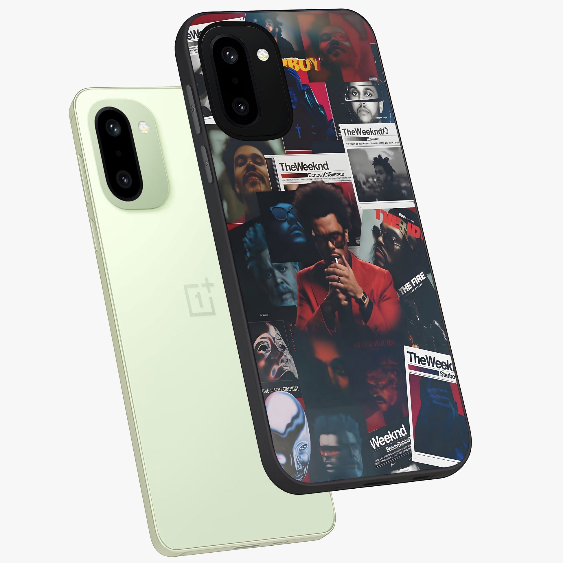 The Weeknd Glass Case for 1+15R angled mockup showcasing glossy finish and bold modern tones