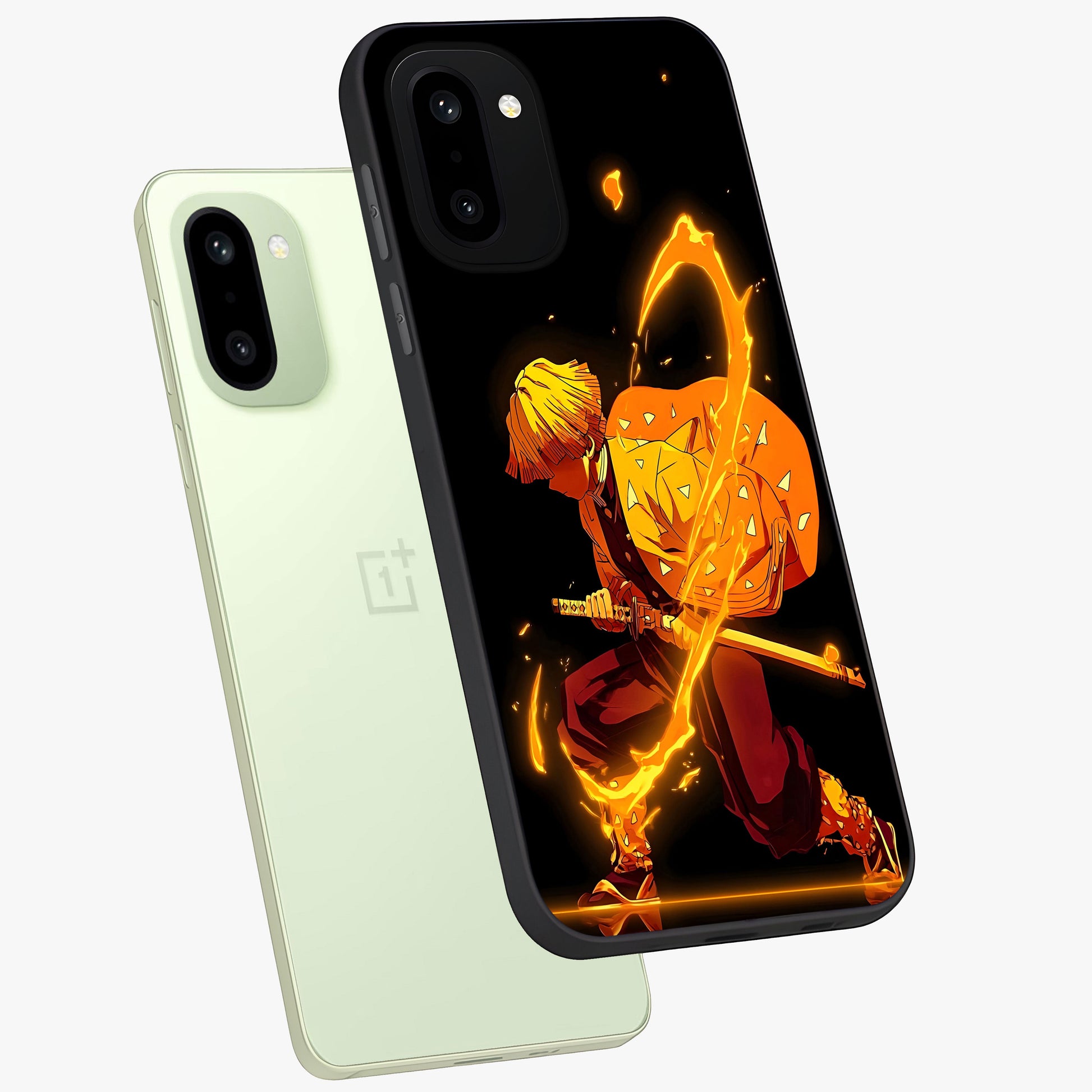Thunder Flame Execution Glass Case for 1+15R angled mockup showcasing glossy finish and dramatic high contrast tones