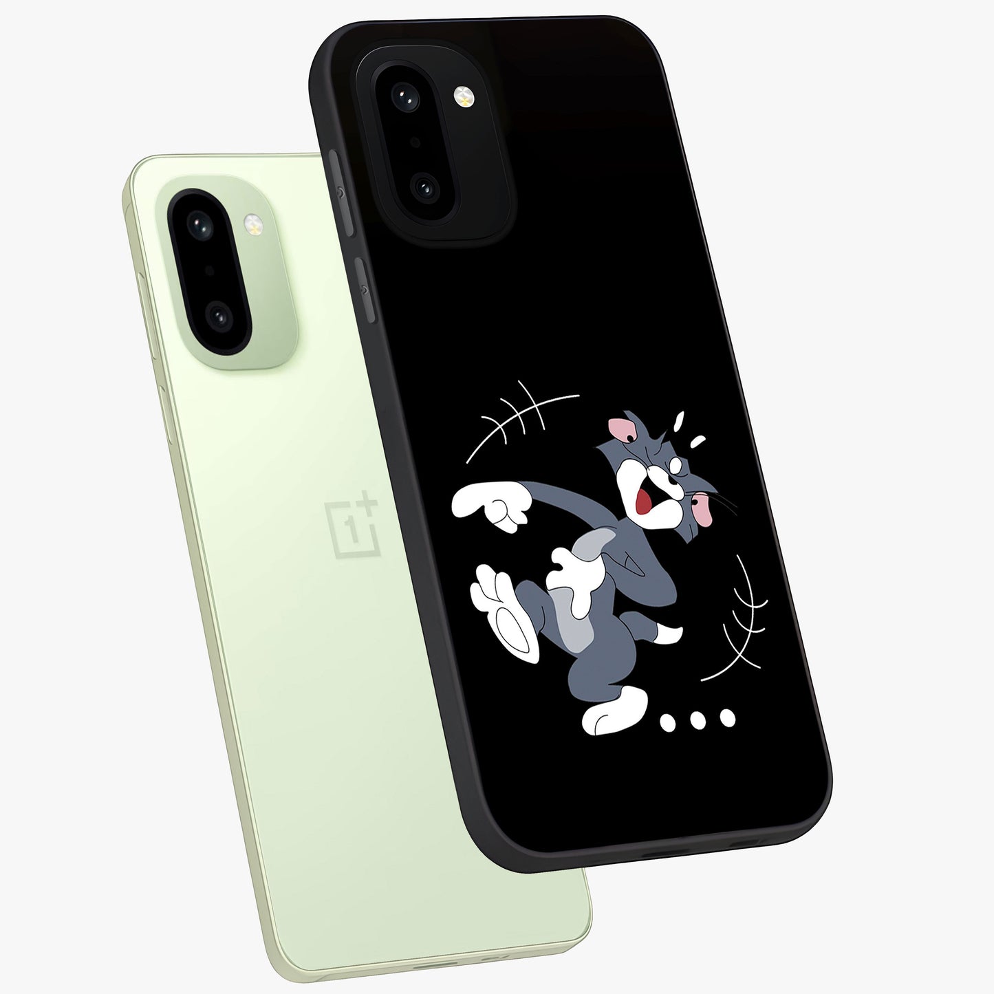 Tom in Trouble Glass Case for 1+15R angled mockup showcasing glossy finish and vibrant cartoon detailing