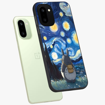 Totoro in Van Gogh Art Glass Case for 1+15R angled mockup showcasing glossy finish and vibrant brushstroke detailing