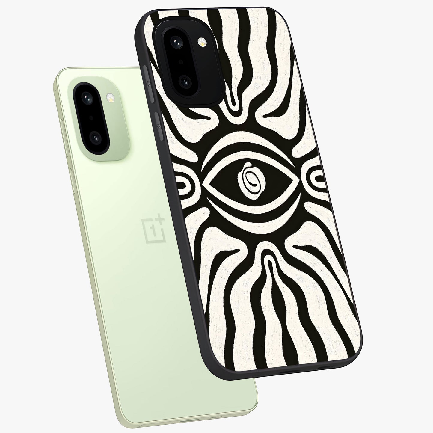 Trancewave Illusion Art Glass Case for 1+15R angled mockup showcasing glossy finish and psychedelic detailing