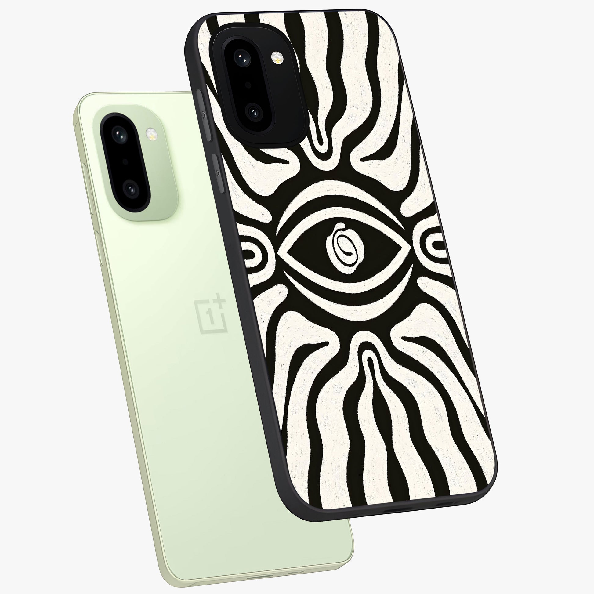 Trancewave Illusion Art Glass Case for 1+15R angled mockup showcasing glossy finish and psychedelic detailing