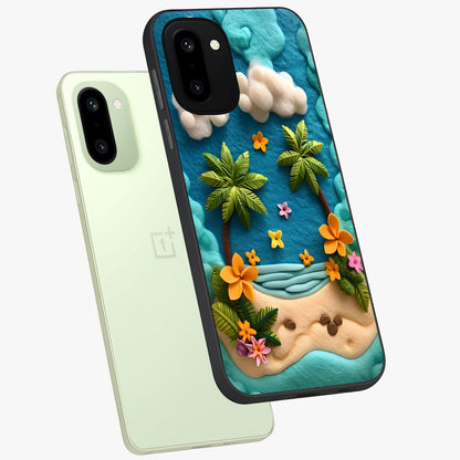 Tropical Felt Escape Glass Case for 1+15R angled mockup showcasing glossy finish and vibrant island tones