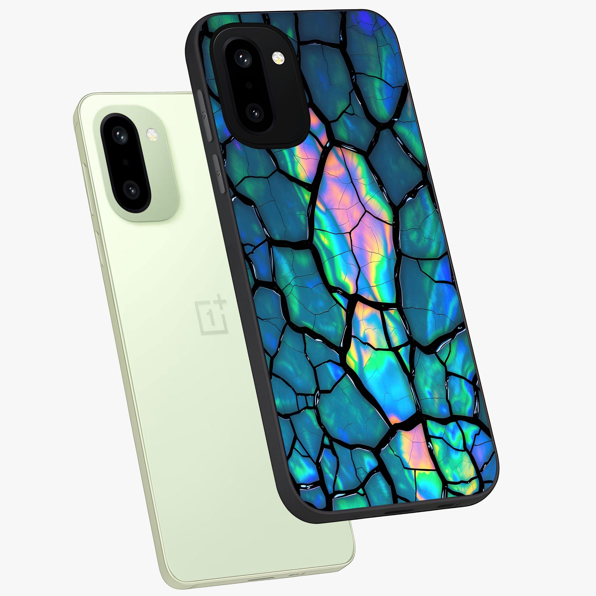Tropical Wing Vibe Glass Case for 1+15R angled mockup showcasing glossy finish and bold gradient detailing