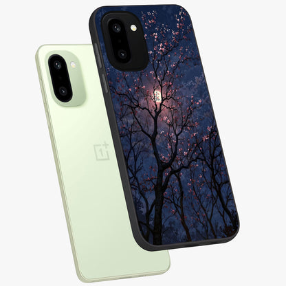 Twilight Sakura Serenade Glass Case for 1+15R angled mockup showcasing glossy glass finish and soft purple gradients