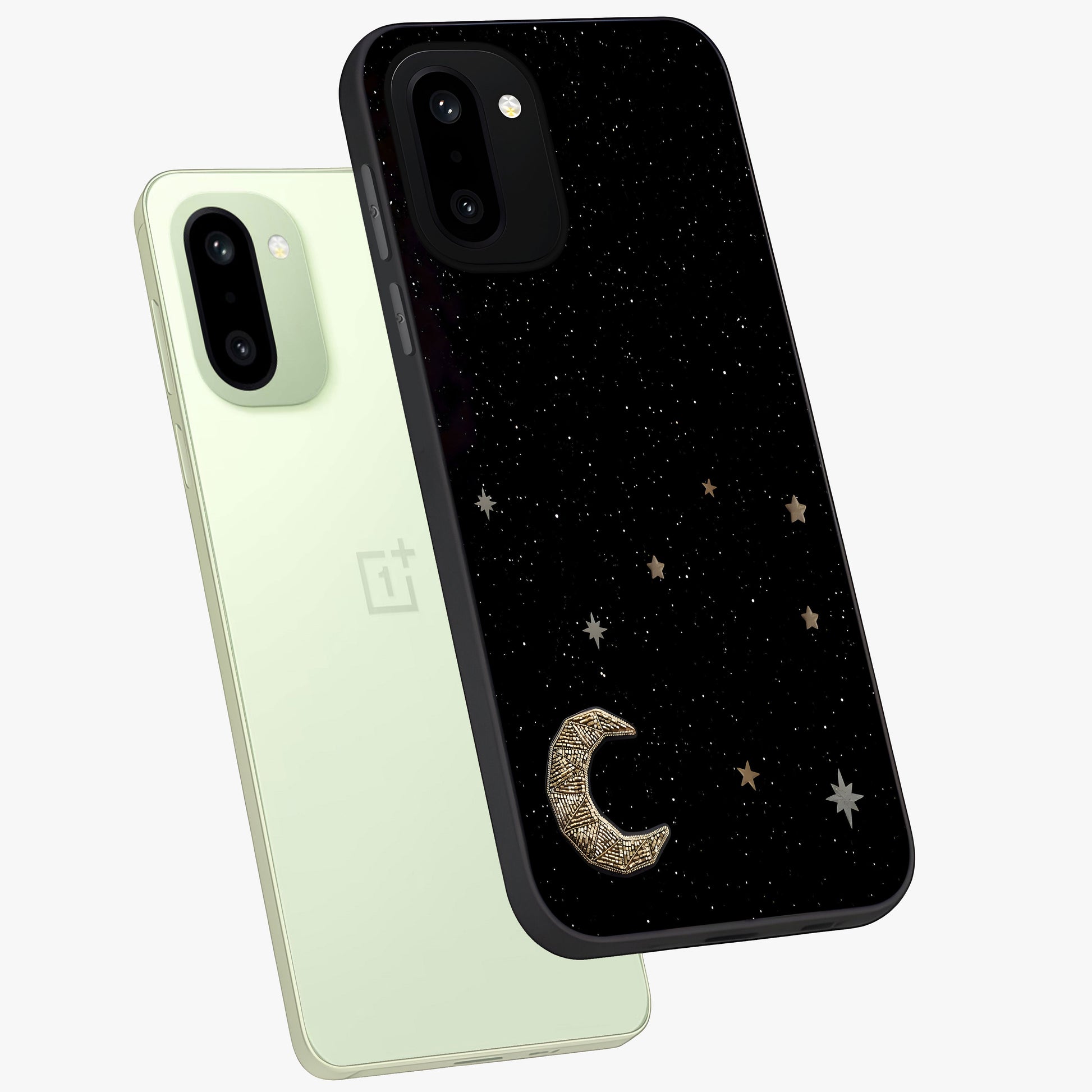 Twinkle Star With Half Moon Glass Case for 1+15R angled mockup showcasing glossy finish and celestial night tones