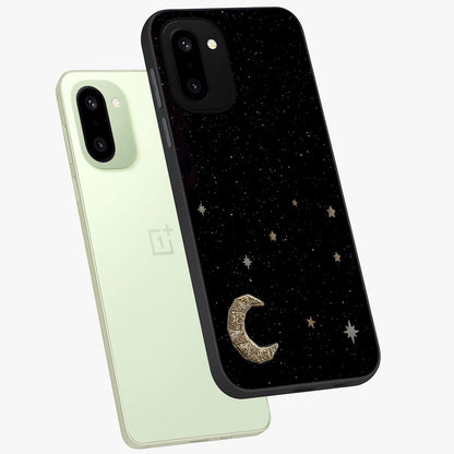 Twinkle Star With Half Moon Glass Case for 1+15R angled mockup showcasing glossy finish and celestial night tones