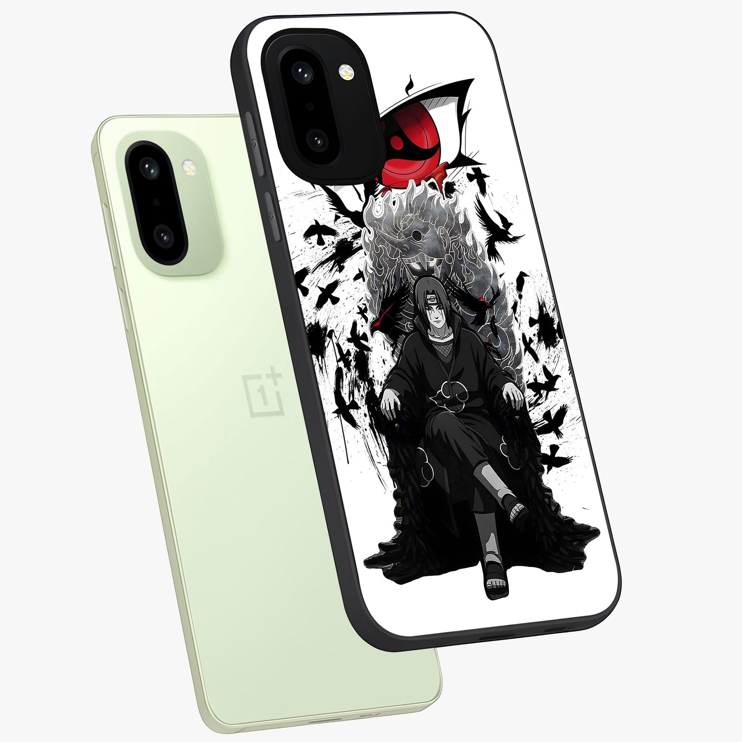 Uchiha Shadow Throne Glass Case for 1+15R angled mockup showcasing glossy finish and dramatic shadow detailing