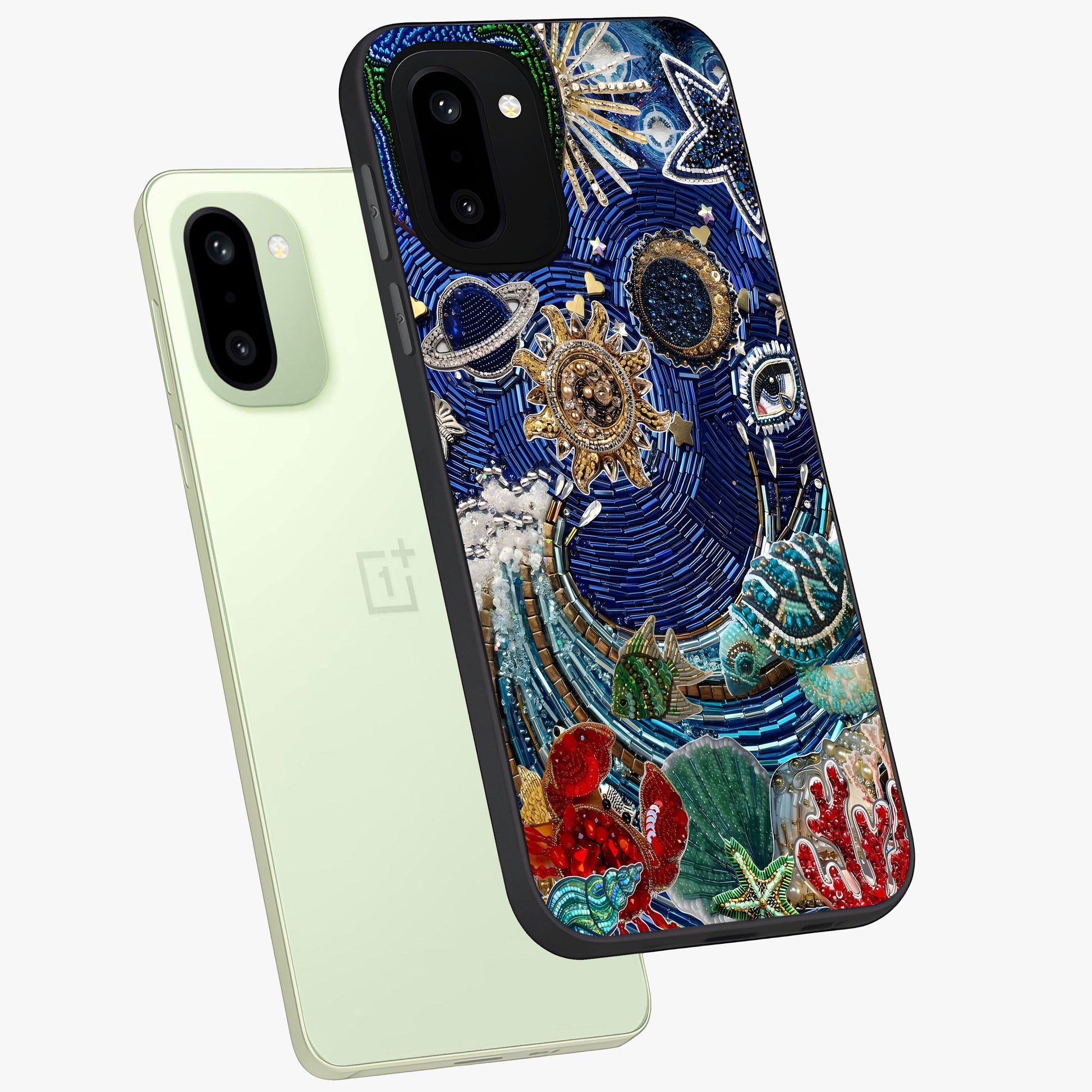 Universe Underwater Spark Glass Case for 1+15R angled mockup showcasing glossy finish and glowing blue gradients