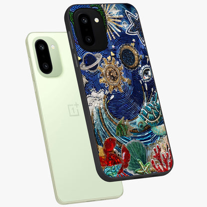 Universe Underwater Spark Glass Case for 1+15R angled mockup showcasing glossy finish and glowing blue gradients