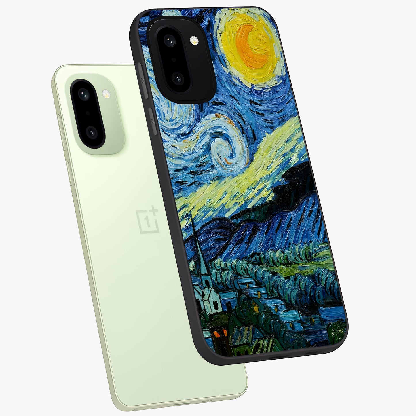 Van Gogh Art Glass Case for 1+15R angled mockup showcasing glossy finish and rich brushstroke textures