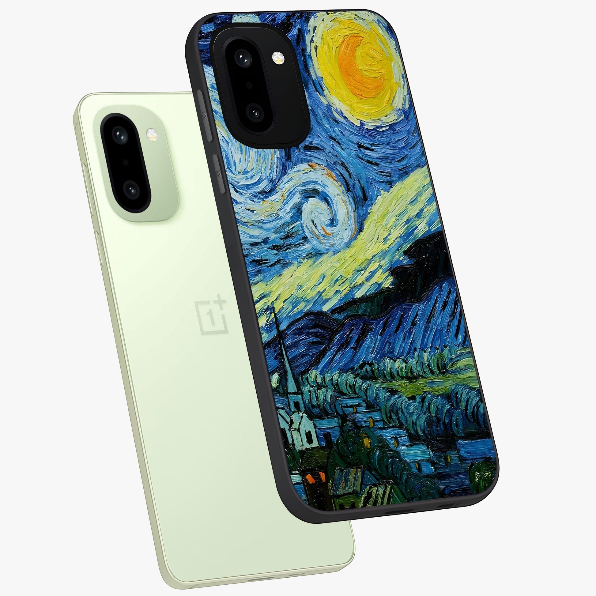 Van Gogh Art Glass Case for 1+15R angled mockup showcasing glossy finish and rich brushstroke textures