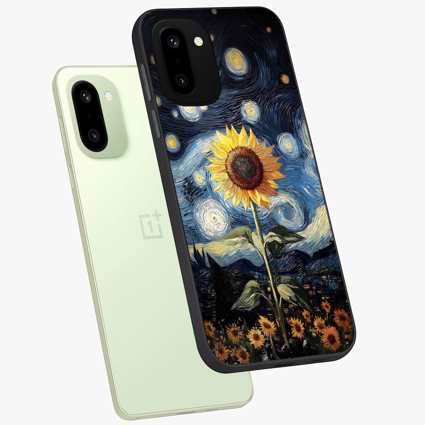 Van Gogh Sunflower Glass Case for 1+15R angled mockup showcasing glossy finish and bold yellow tones