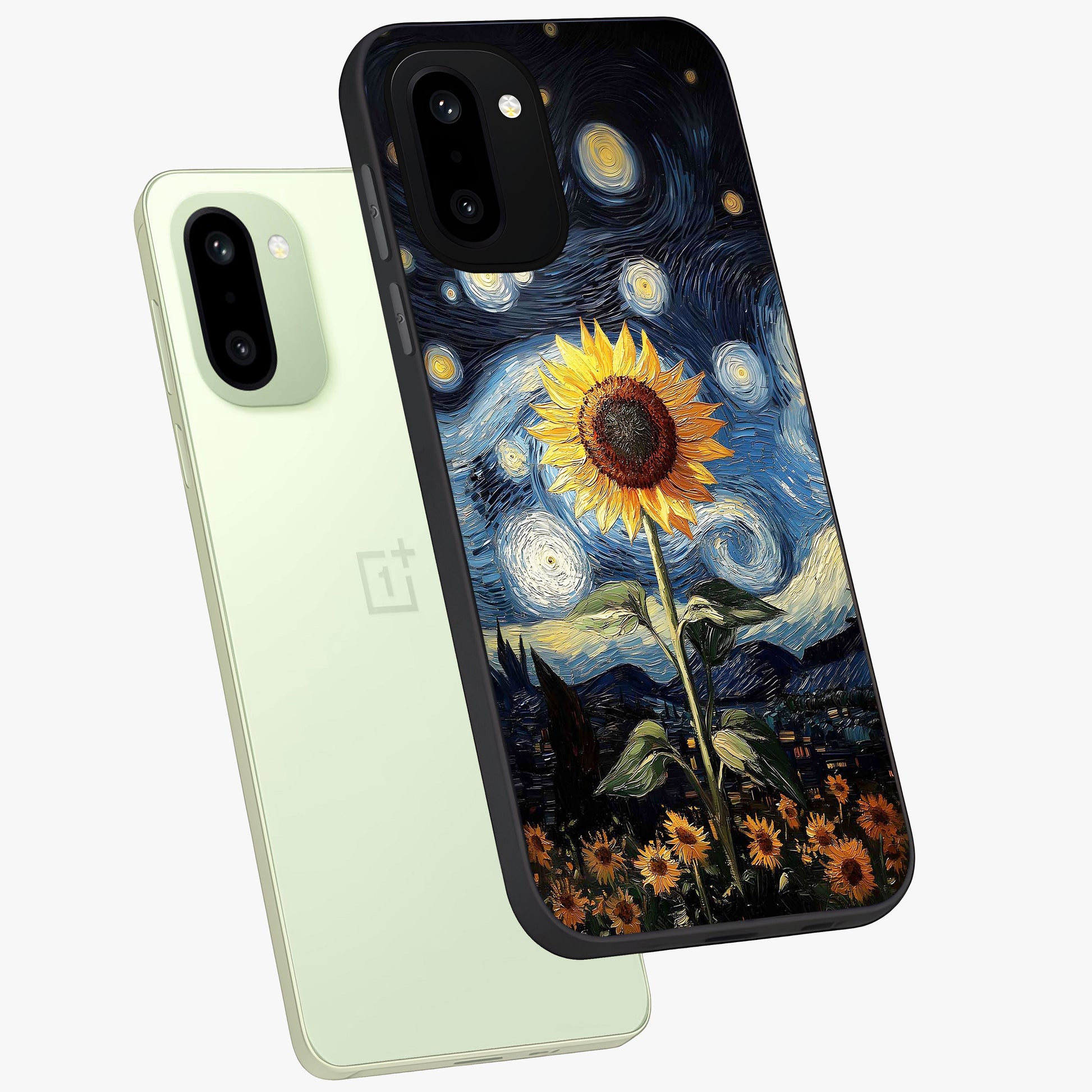 Van Gogh Sunflower Glass Case for 1+15R angled mockup showcasing glossy finish and bold yellow tones